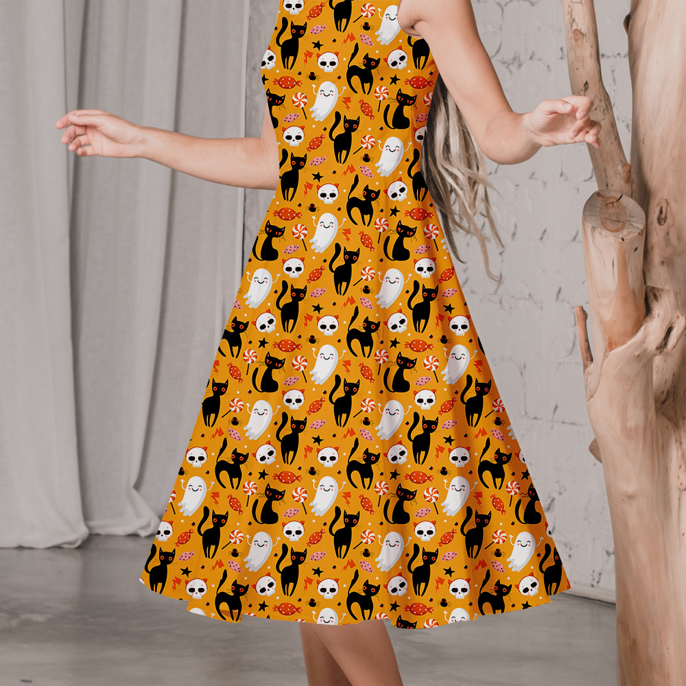Halloween Pattern With Cute Black Cats Candy and Ghost - Custom Print Fabrics