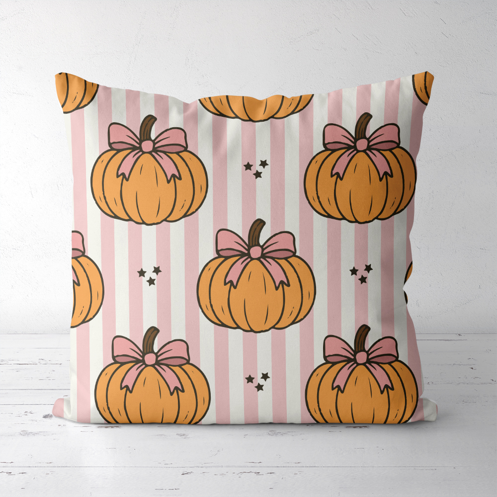 Throw Pillow – Pumpkin & Coquette Bow on Pink Stripe Pattern