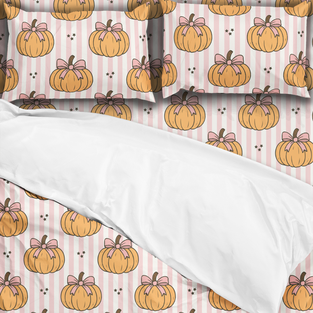 Bedding Set – Pumpkin & Coquette Bow on Pink Stripe Pattern
