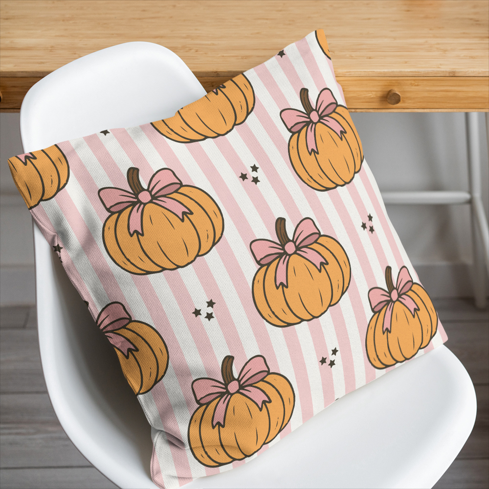Throw Pillow – Pumpkin & Coquette Bow on Pink Stripe Pattern