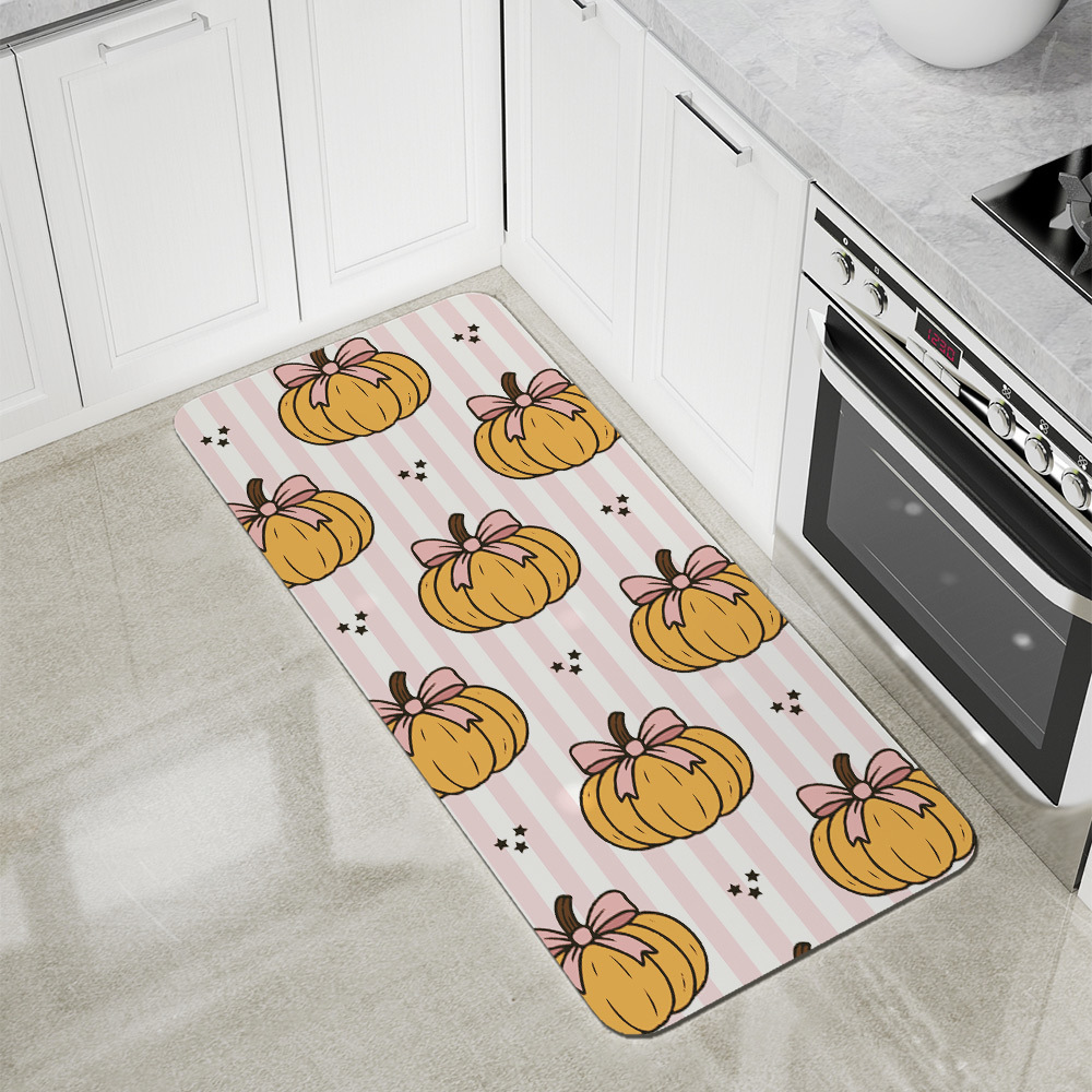 Kitchen Floor Mats – Pumpkin & Coquette Bow on Pink Stripe Pattern