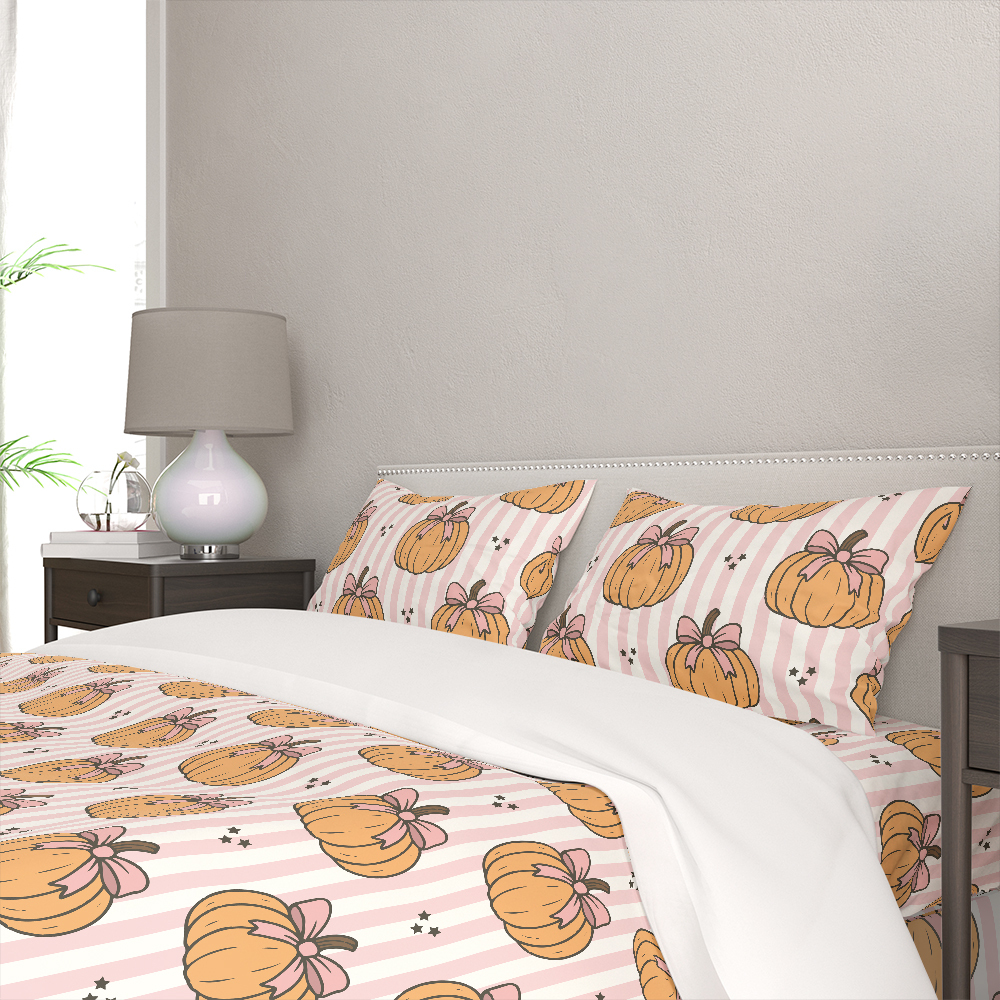 Bedding Set – Pumpkin & Coquette Bow on Pink Stripe Pattern