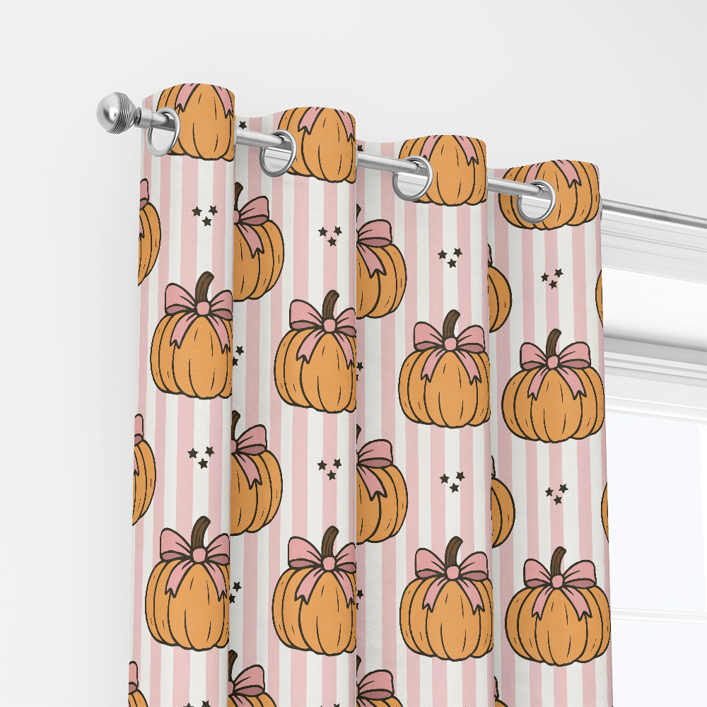 Curtain – Pumpkin & Coquette Bow on Pink Stripe Pattern
