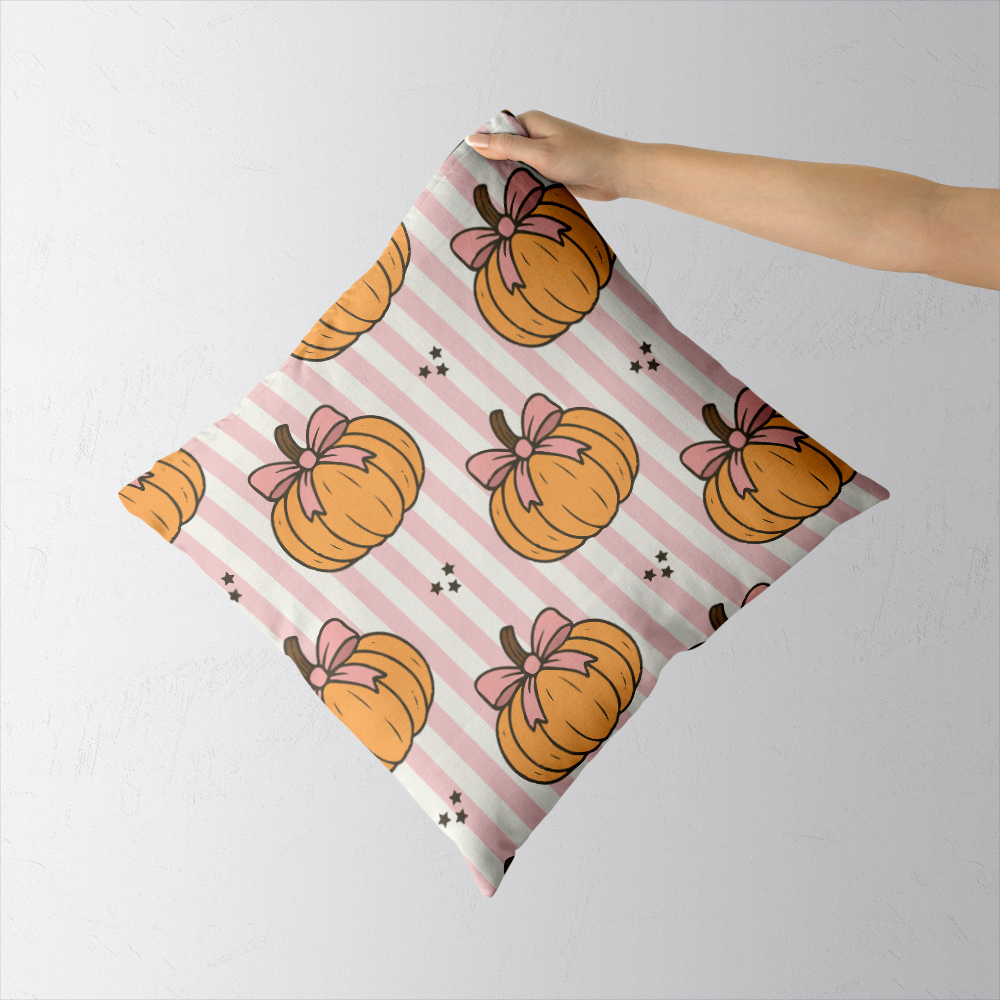 Throw Pillow – Pumpkin & Coquette Bow on Pink Stripe Pattern