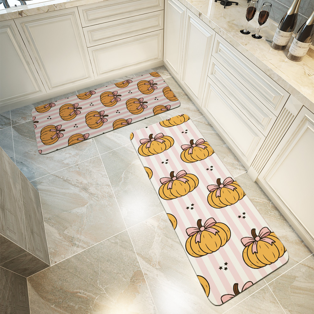 Kitchen Floor Mats – Pumpkin & Coquette Bow on Pink Stripe Pattern