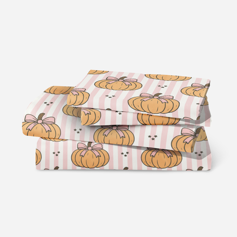 Bedding Set – Pumpkin & Coquette Bow on Pink Stripe Pattern