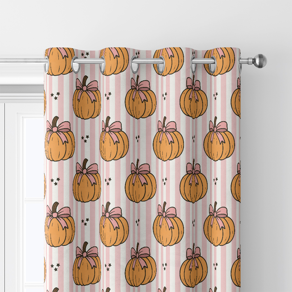 Curtain – Pumpkin & Coquette Bow on Pink Stripe Pattern