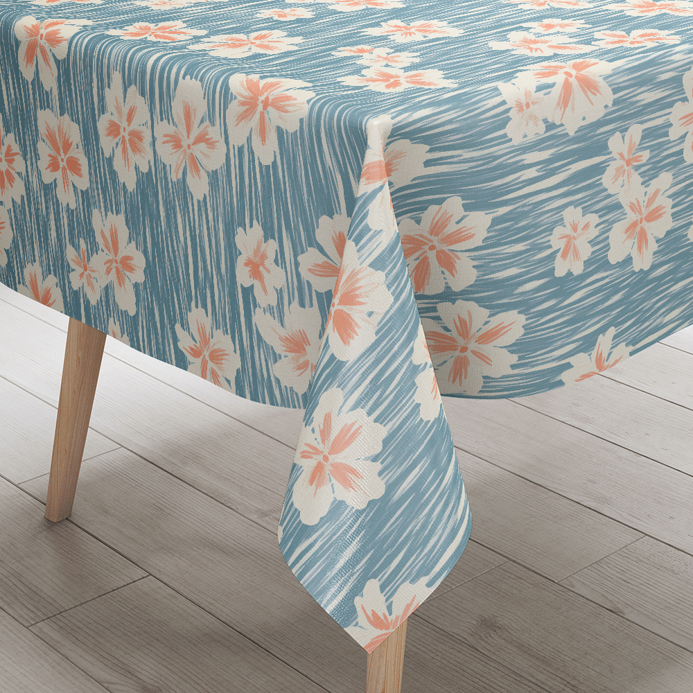 Tablecloth – Simple Line Peach Blossom on Light Blue BackGround