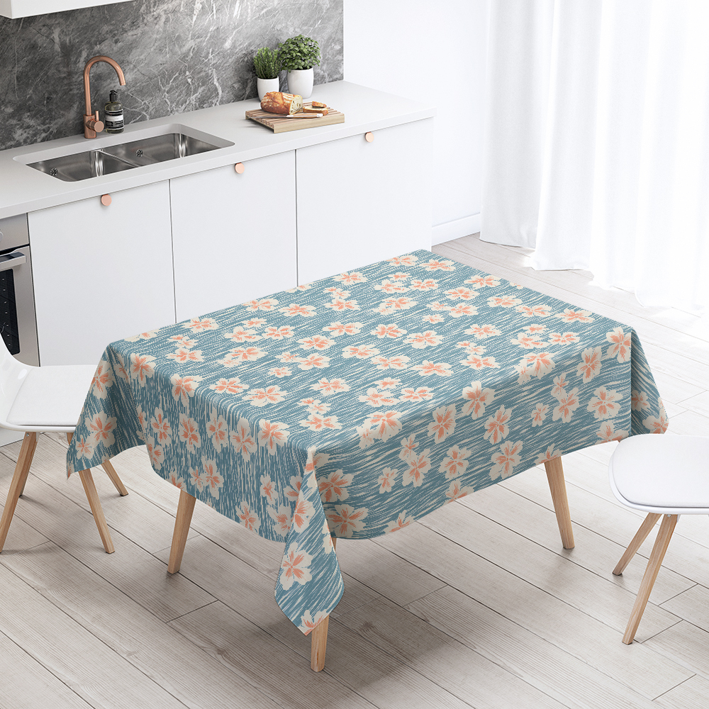 Tablecloth – Simple Line Peach Blossom on Light Blue BackGround