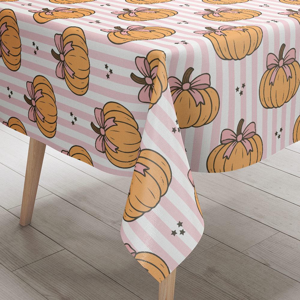 Tablecloth – Pumpkin & Coquette Bow on Pink Stripe Pattern