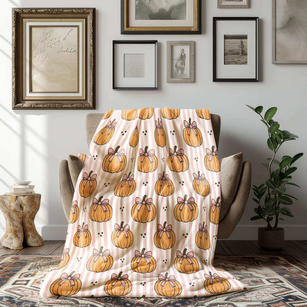 Throw Blanket – Pumpkin & Coquette Bow on Pink Stripe Pattern