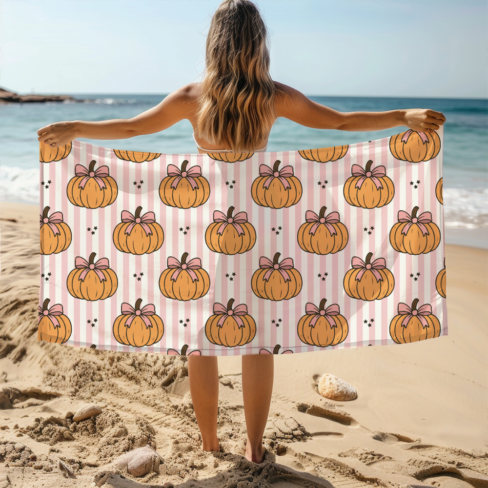 Beach Towel – Pumpkin & Coquette Bow on Pink Stripe Pattern