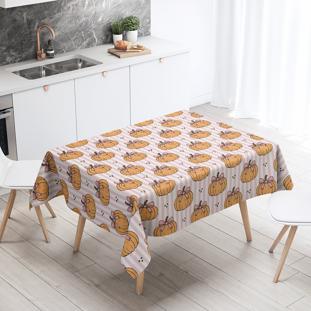 Tablecloth – Pumpkin & Coquette Bow on Pink Stripe Pattern