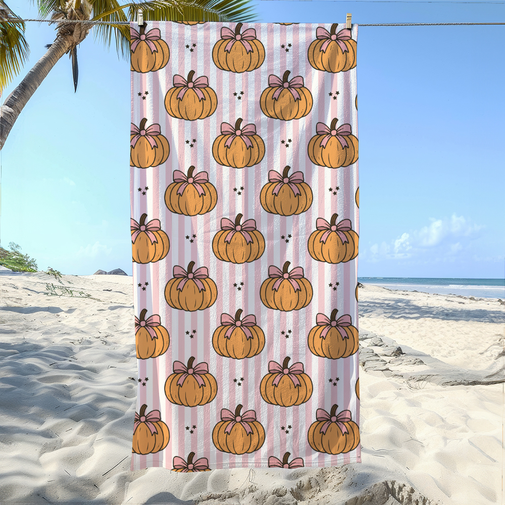 Beach Towel – Pumpkin & Coquette Bow on Pink Stripe Pattern