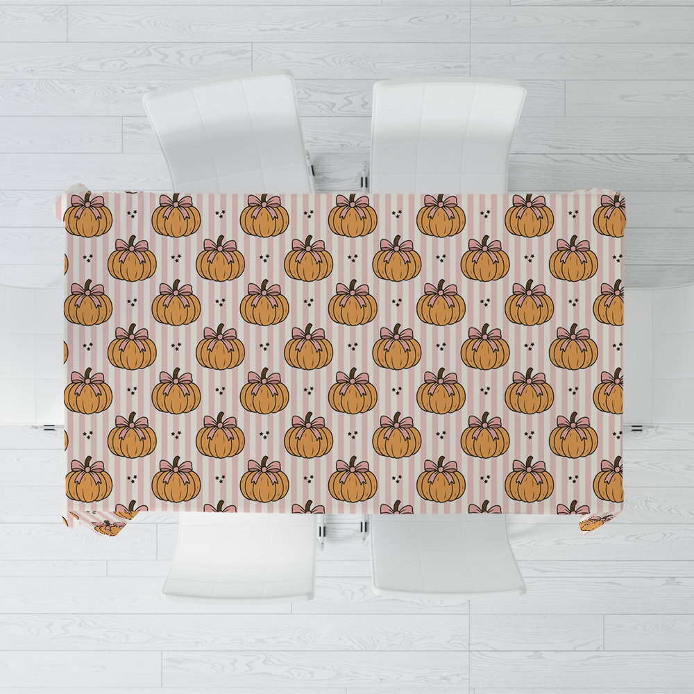 Tablecloth – Pumpkin & Coquette Bow on Pink Stripe Pattern
