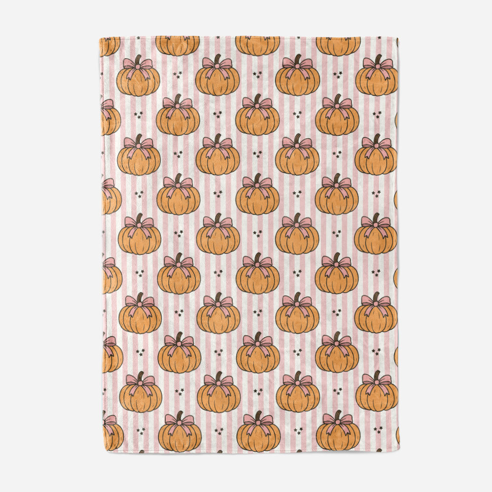 Throw Blanket – Pumpkin & Coquette Bow on Pink Stripe Pattern