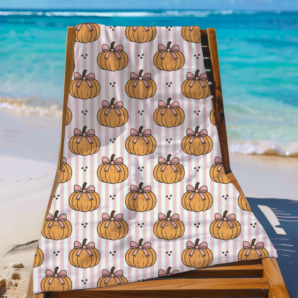 Beach Towel – Pumpkin & Coquette Bow on Pink Stripe Pattern