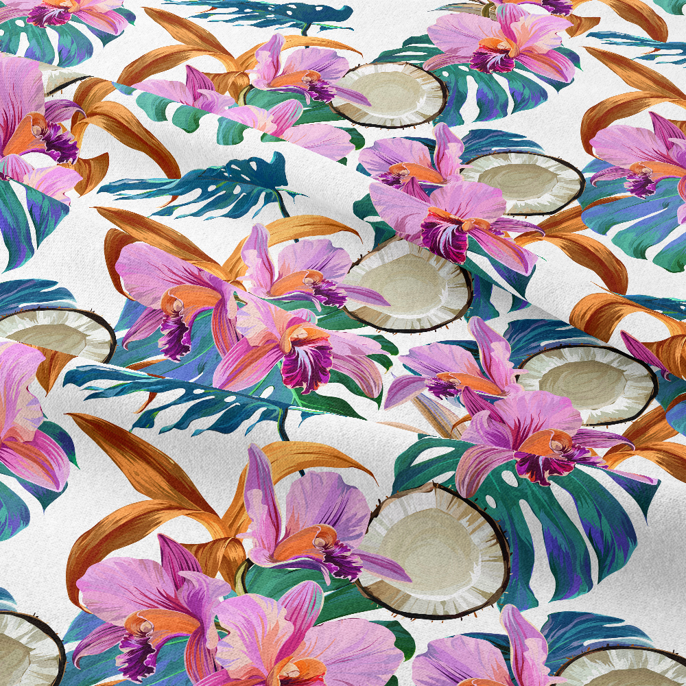 Vibrant Orchid & Coconut Fabric | Bright Tropical Fruit Print