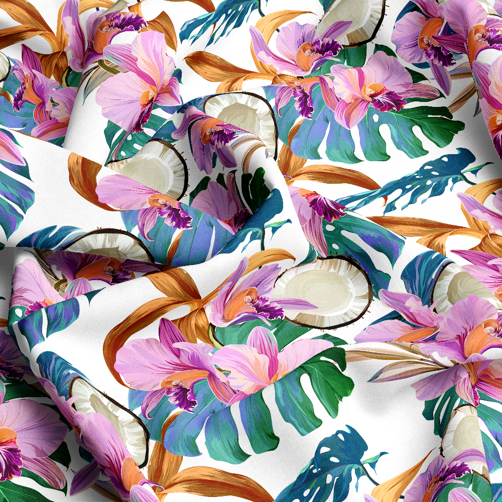 Vibrant Orchid & Coconut Fabric | Bright Tropical Fruit Print