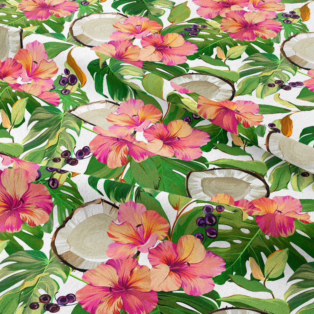 Peach Hibiscus & Coconut Fabric | Hawaiian Paradise Print