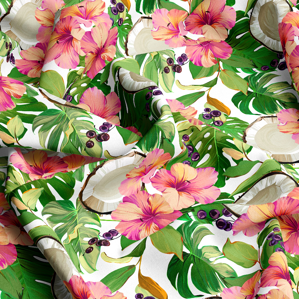 Peach Hibiscus & Coconut Fabric | Hawaiian Paradise Print