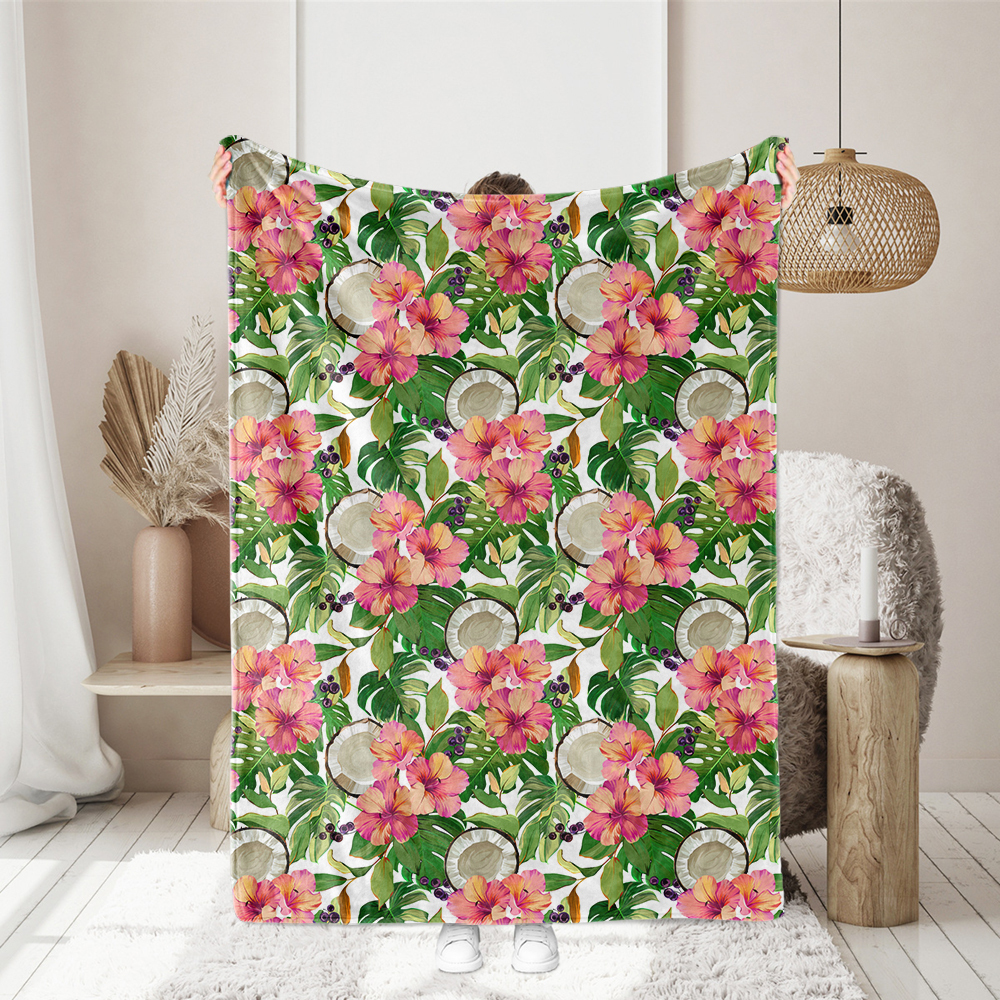 Peach Hibiscus & Coconut Fabric | Hawaiian Paradise Print