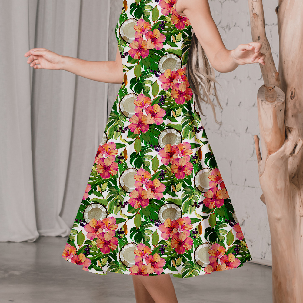 Peach Hibiscus & Coconut Fabric | Hawaiian Paradise Print