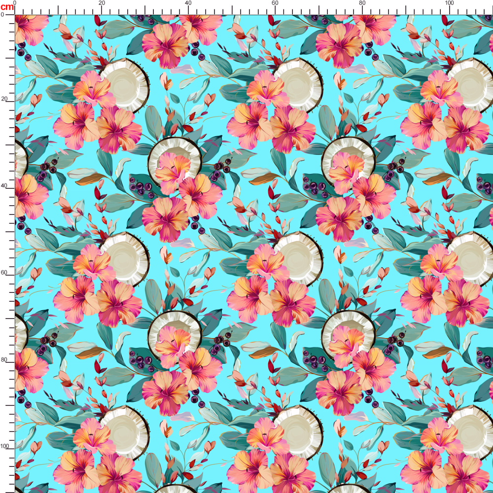 Azure Tropical Hibiscus Fabric | Cyan Paradise Fruit Print