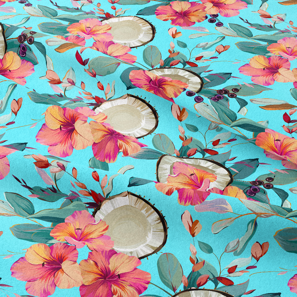 Azure Tropical Hibiscus Fabric | Cyan Paradise Fruit Print