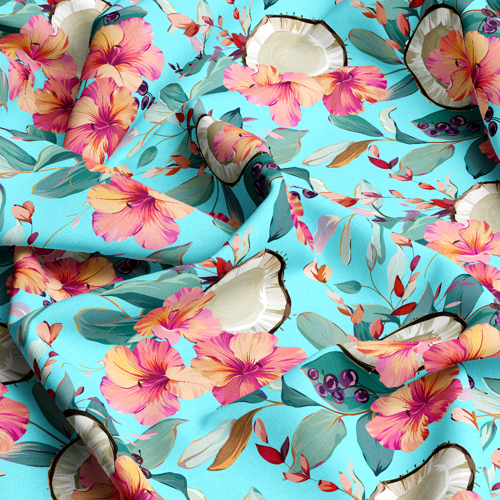Azure Tropical Hibiscus Fabric | Cyan Paradise Fruit Print