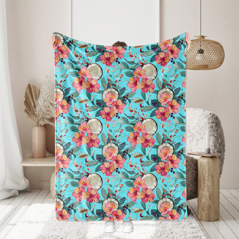 Azure Tropical Hibiscus Fabric | Cyan Paradise Fruit Print