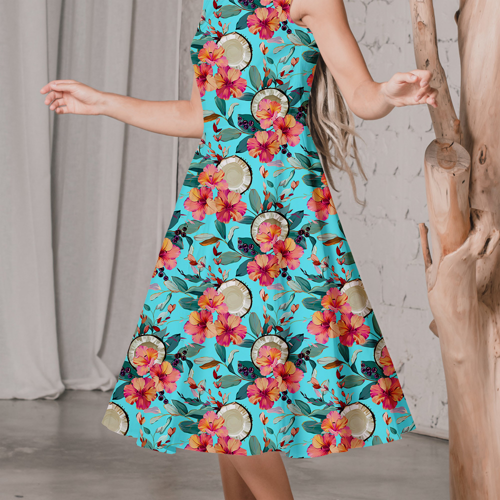 Azure Tropical Hibiscus Fabric | Cyan Paradise Fruit Print