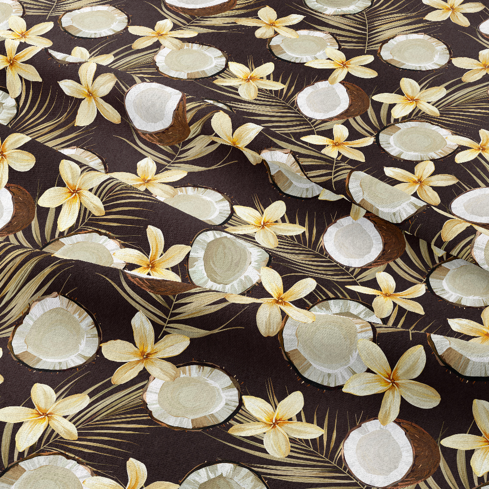 Dark Tropical Coconut Fabric | Vintage Palm & Flower Print