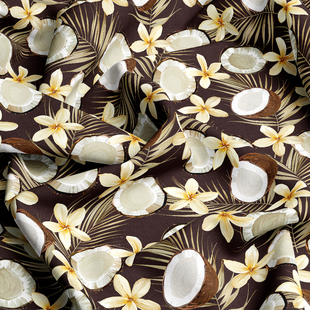 Dark Tropical Coconut Fabric | Vintage Palm & Flower Print