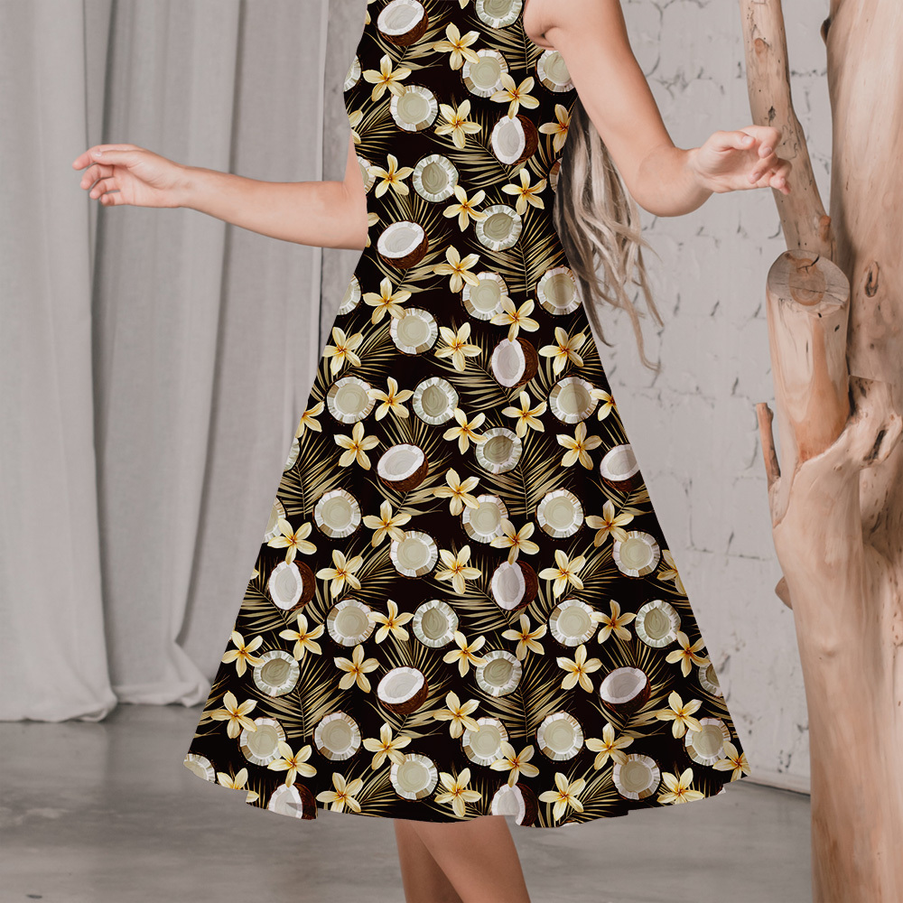 Dark Tropical Coconut Fabric | Vintage Palm & Flower Print