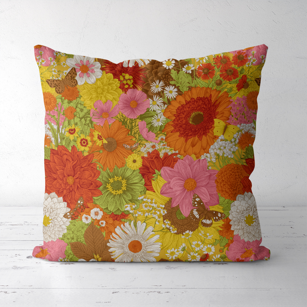 Throw Pillow – Retro Autumn Flowers & Butterflies Pattern