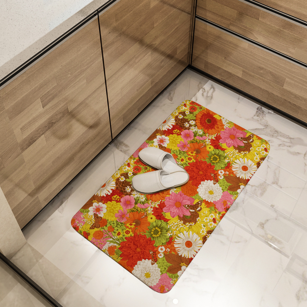 Kitchen Floor Mats – Retro Autumn Flowers & Butterflies Pattern