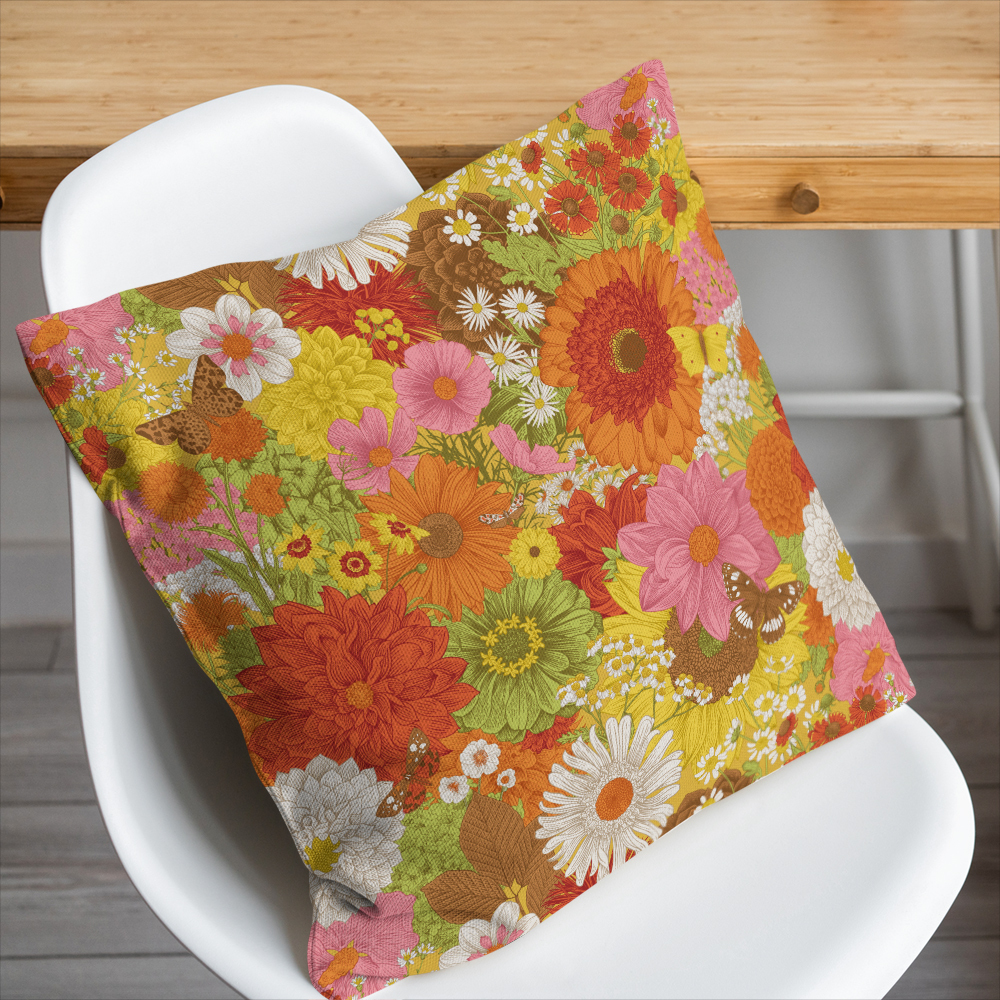 Throw Pillow – Retro Autumn Flowers & Butterflies Pattern