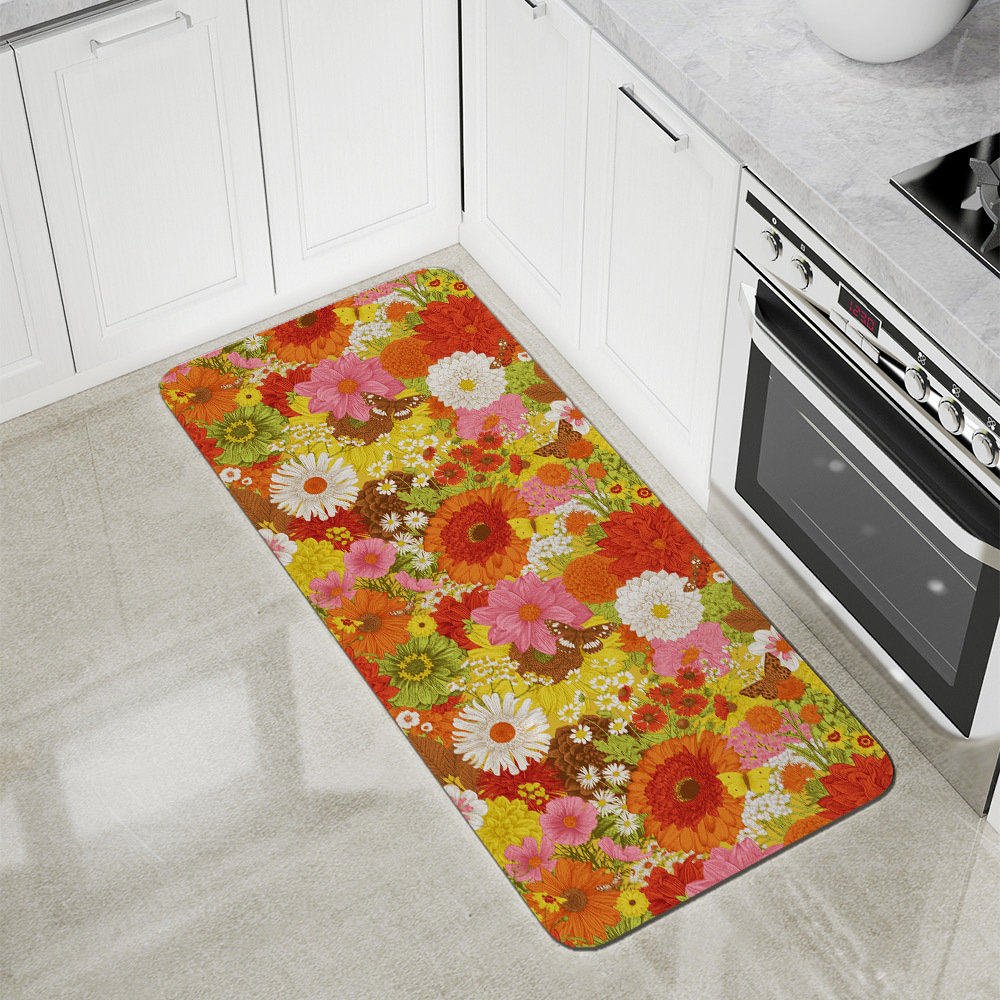 Kitchen Floor Mats – Retro Autumn Flowers & Butterflies Pattern