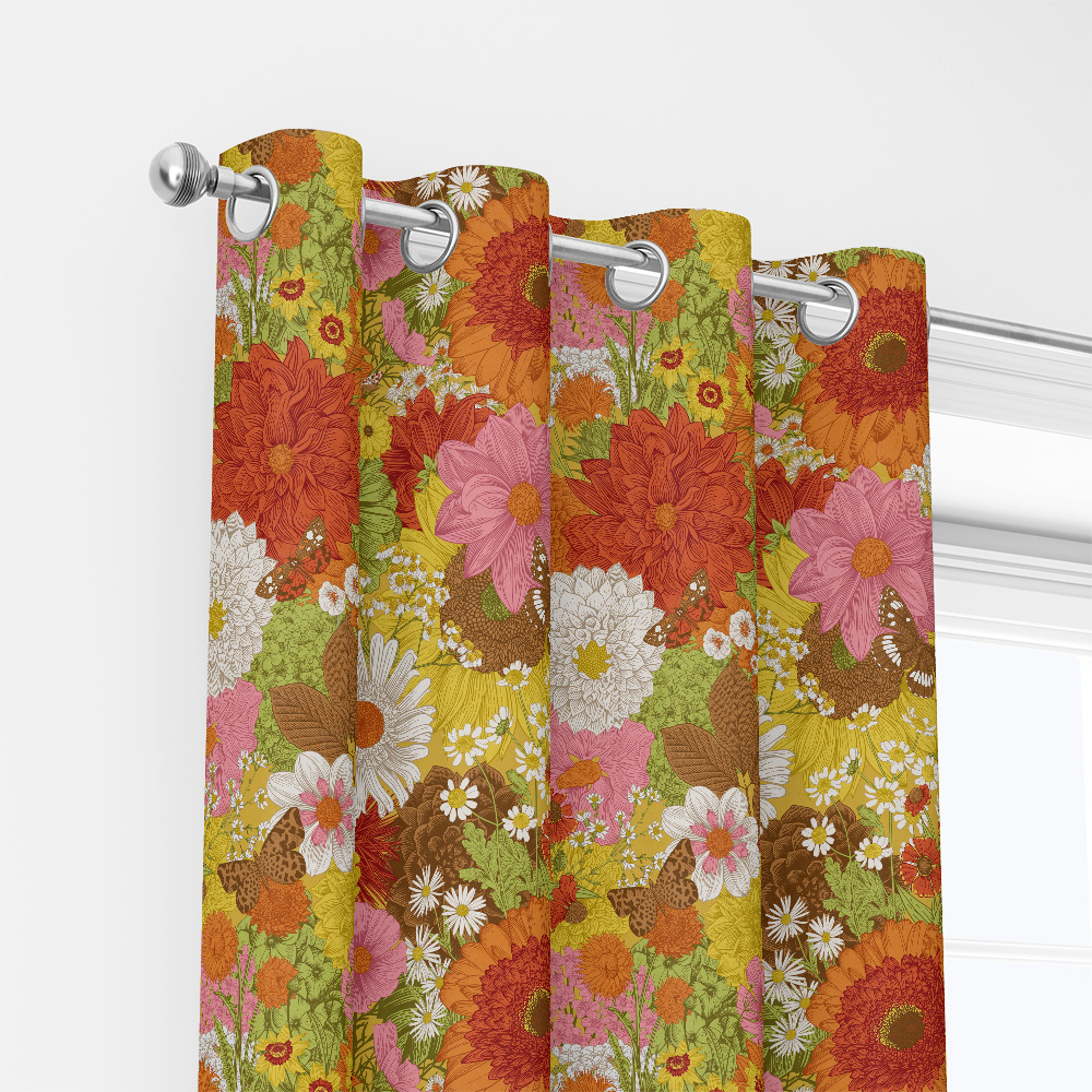 Curtain – Retro Autumn Flowers & Butterflies Pattern