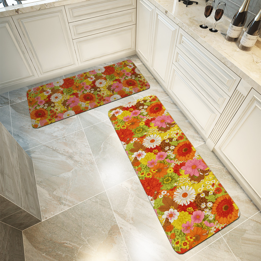 Kitchen Floor Mats – Retro Autumn Flowers & Butterflies Pattern