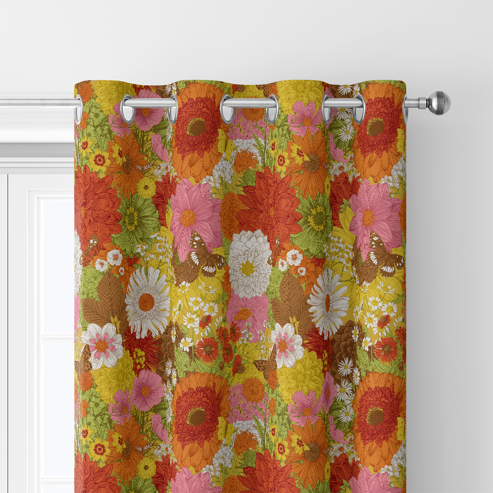 Curtain – Retro Autumn Flowers & Butterflies Pattern