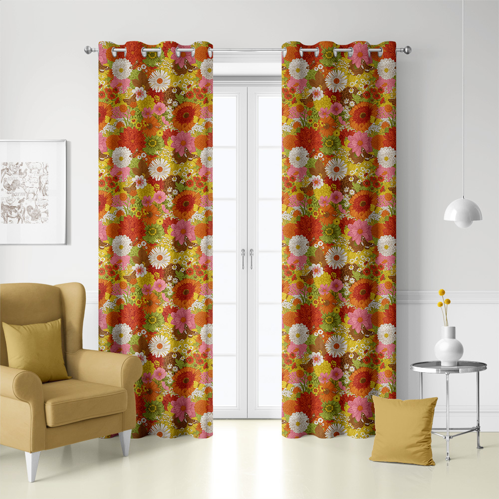 Curtain – Retro Autumn Flowers & Butterflies Pattern