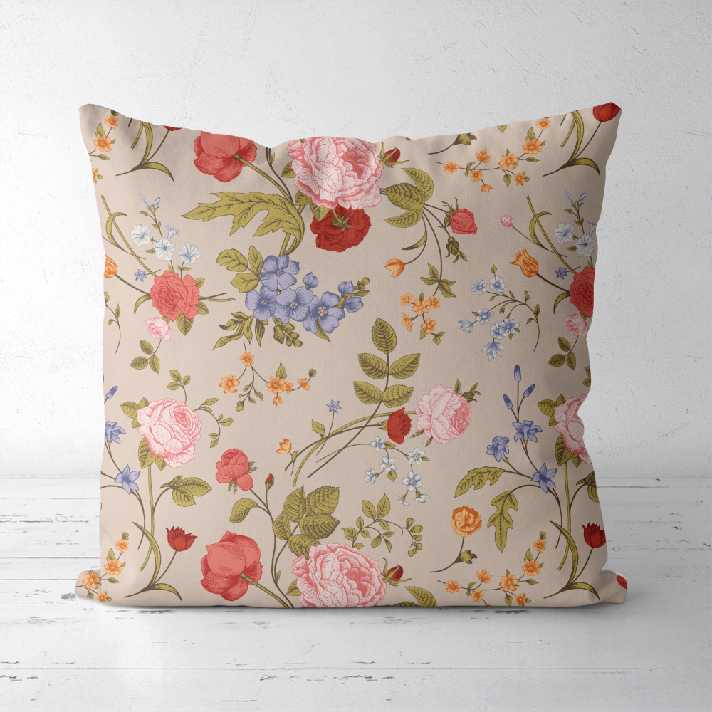 Throw Pillow – Vintage Rose Tulip Garden Flowers