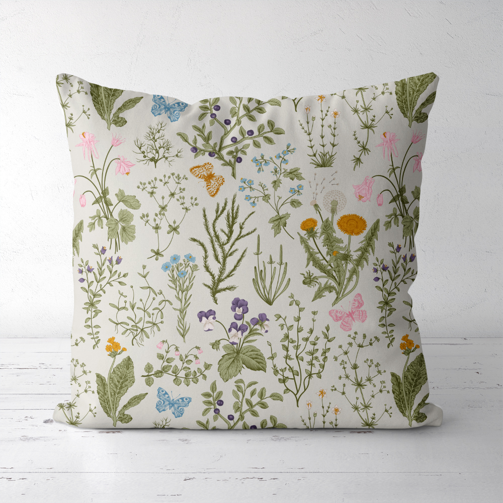 Throw Pillow – Herbal Wildflower Butterfly Garden Botanical