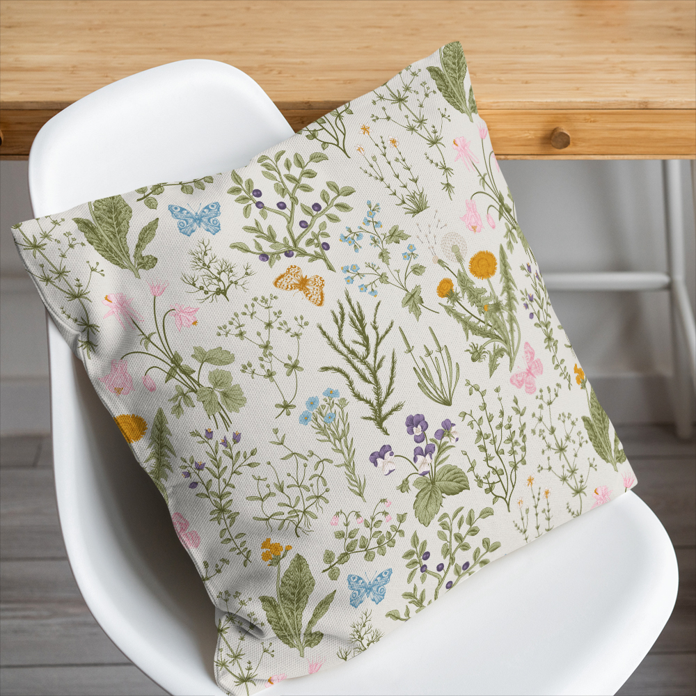 Throw Pillow – Herbal Wildflower Butterfly Garden Botanical