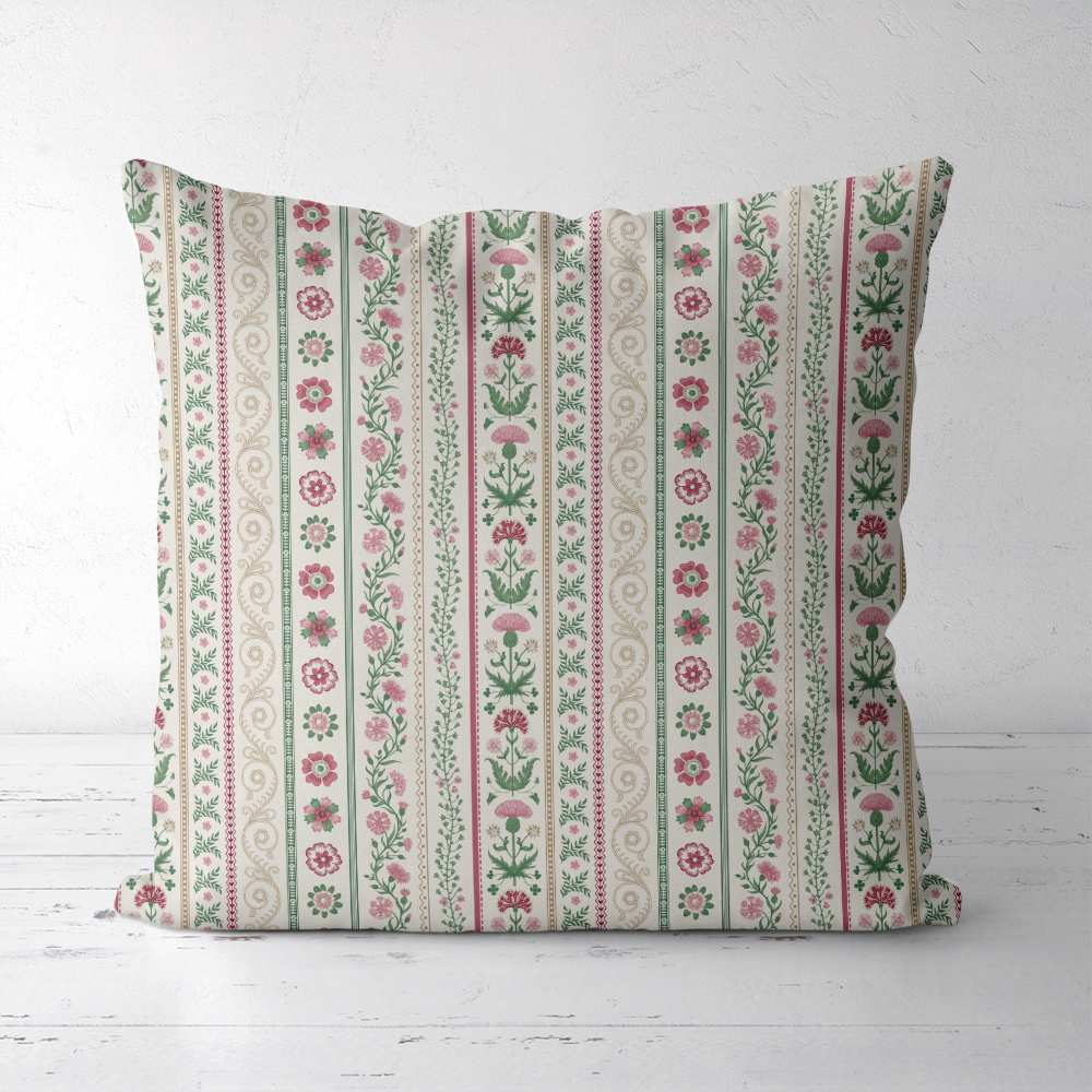 Throw Pillow – Pink Green Meadow Floral Stripe Print