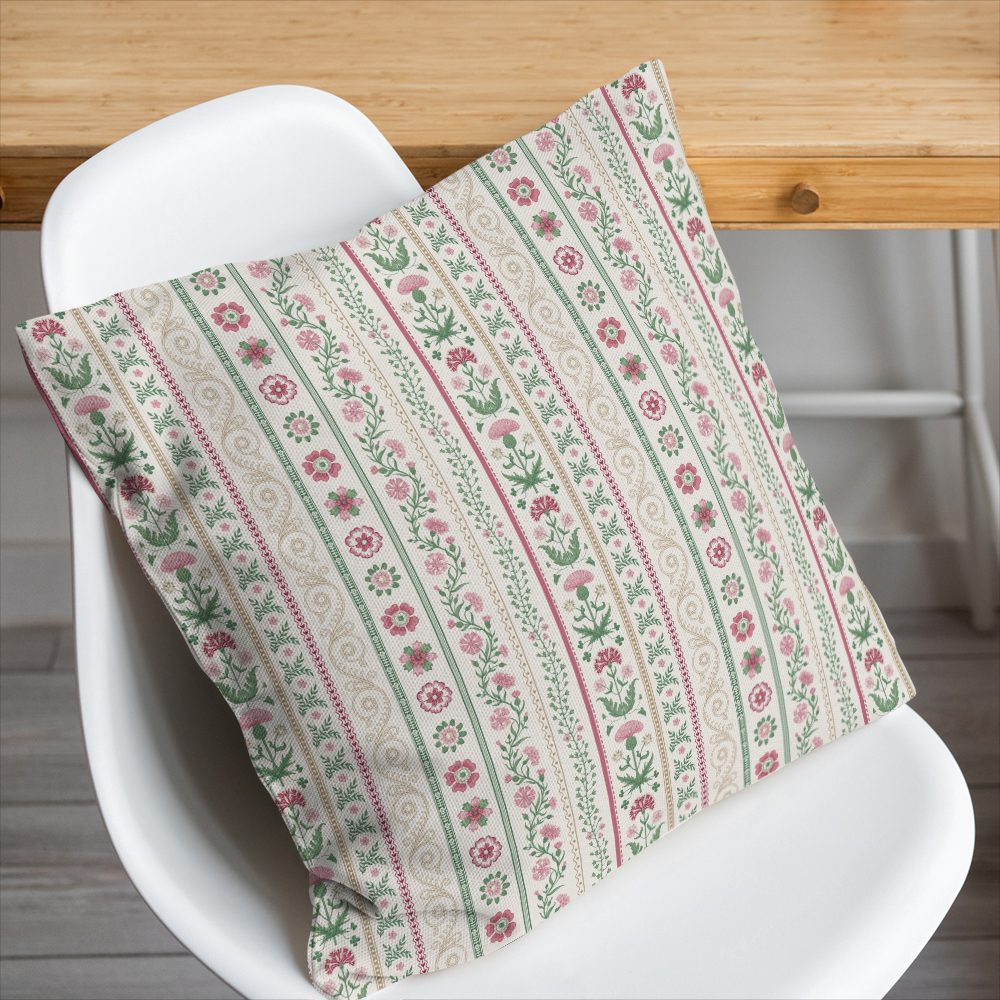 Throw Pillow – Pink Green Meadow Floral Stripe Print