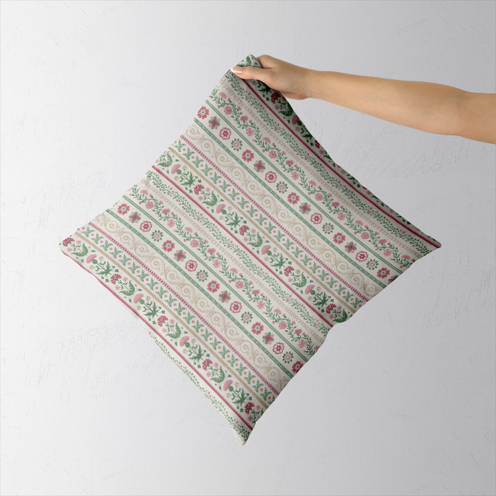 Throw Pillow – Pink Green Meadow Floral Stripe Print