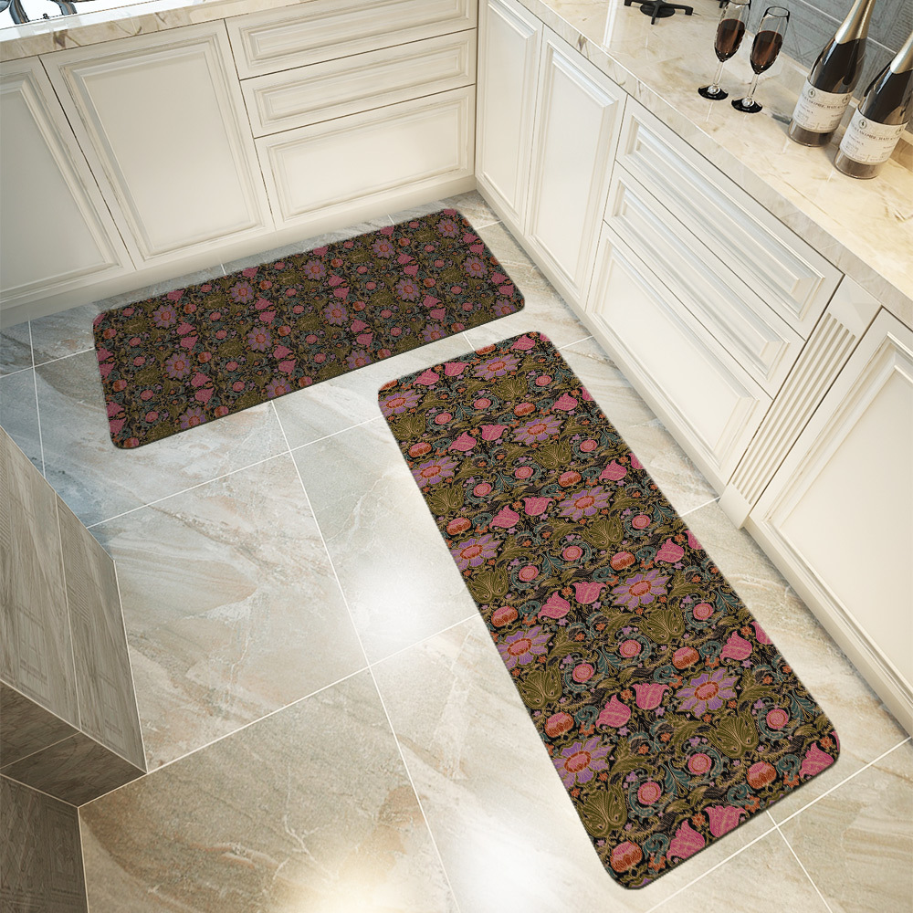 Kitchen Floor Mats – Vintage Baroque Floral Black Ground Print